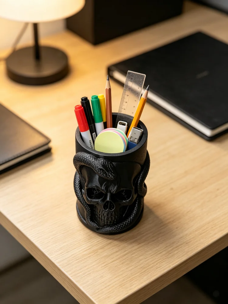 Gothic-Style Skull and Snake Pen Holder, Snake-Wrapped Skeleton Desktop Pen Organizer, Matte Black High-Strength Petg Material Stationery Storage Box, Spooky and Thrilling Style Desktop Decoration, Home Office Study Desk Decoration, Makeup Brush Holder for Storing Makeup Tools, Halloween-Themed Ornament, Suitable as a Cool Desktop Gift, Punk-Style Alternative Home Decor Item