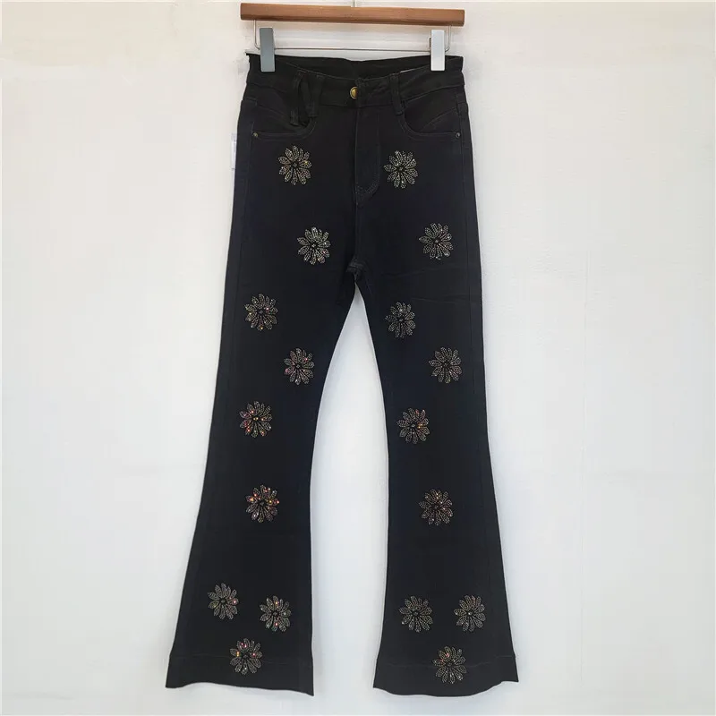 Anjy outono inverno novas mulheres americanas lavadas estiramento diamantes moda jeans retos ins tendência casual elegante calças jeans a16129