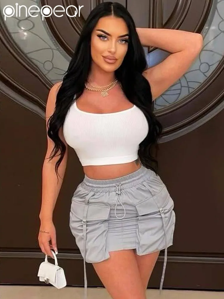 

PinePear Womens Cargo Skirt Y2K - Casual Summer High Waisted Bodycon Pencil Ruched Mini Skirts Side Drawstring and Pockets