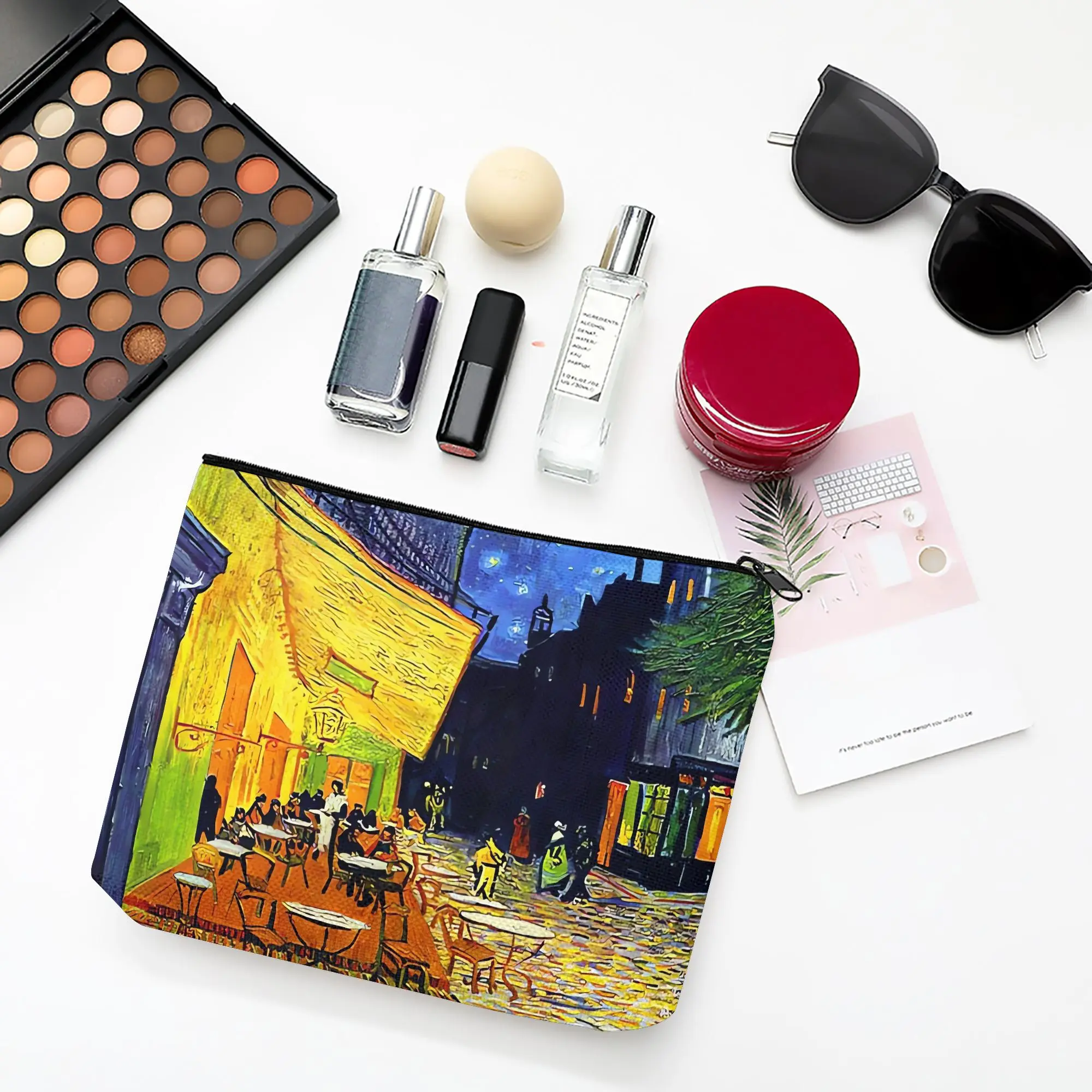 1 Piece Midnight Cafe Printed Makeup Bag - Multifunctional Zipper Pouch for Women, Perfect Travel Zipper Storage Bag, Fun Birthday Gift