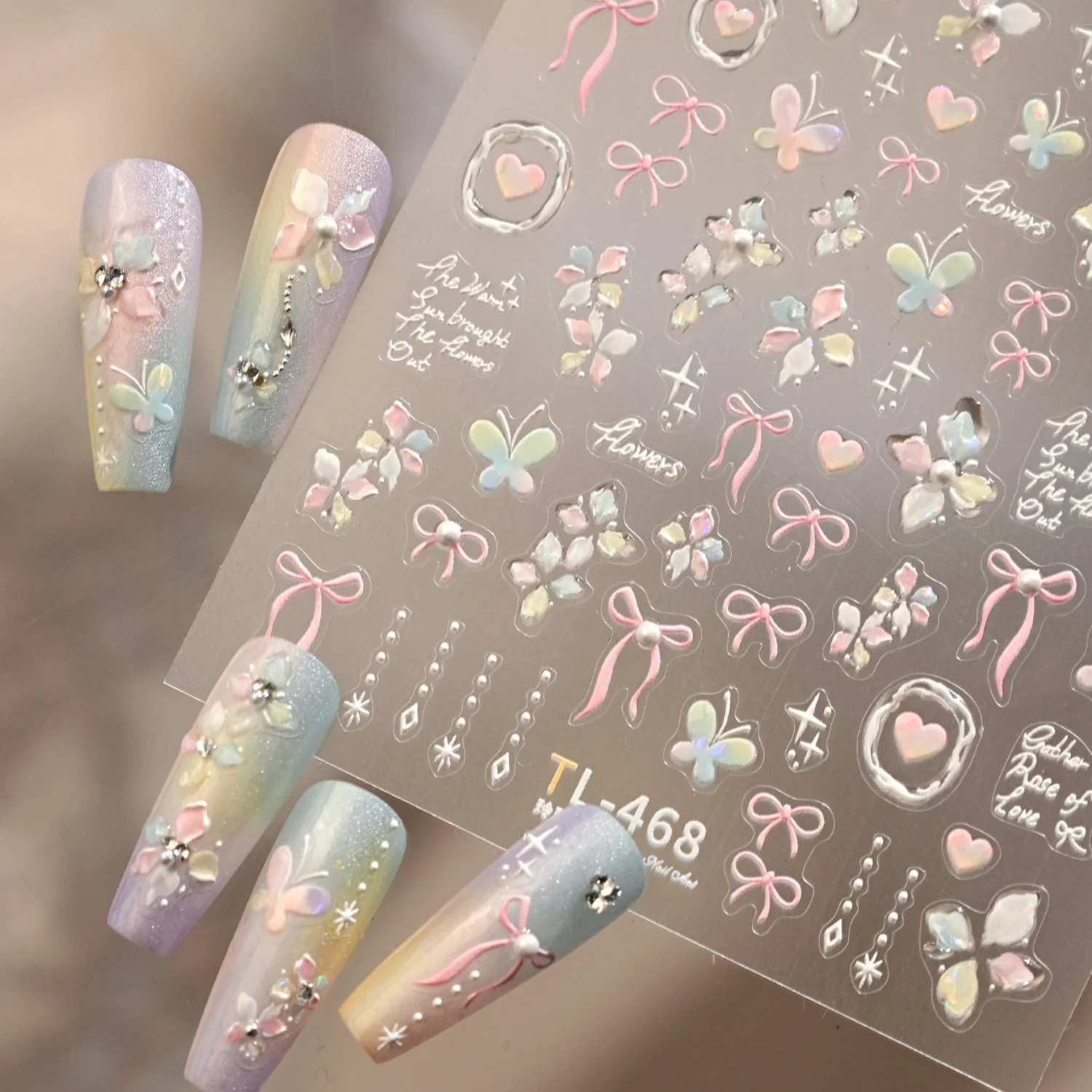 Süße Lolita Y2K 5D Nagelkunst-Aufkleber Schmetterling Rosa Schleife Perlenkette Stern Quaste Liebesrahmen Selbstklebende Abziehbilder für Frauen DIY