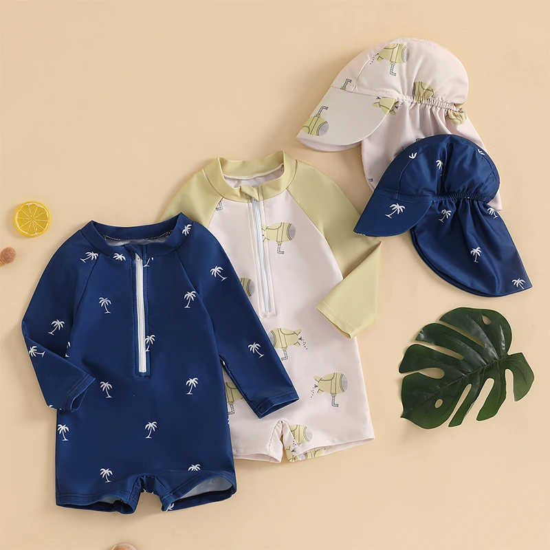Toddler Boy Girl Rash Guard Swimsuit Coconut Tree/Submarine Print Long Sleeve Crew Neck Zip Bathing Suits Hats Bikinis Swimwear