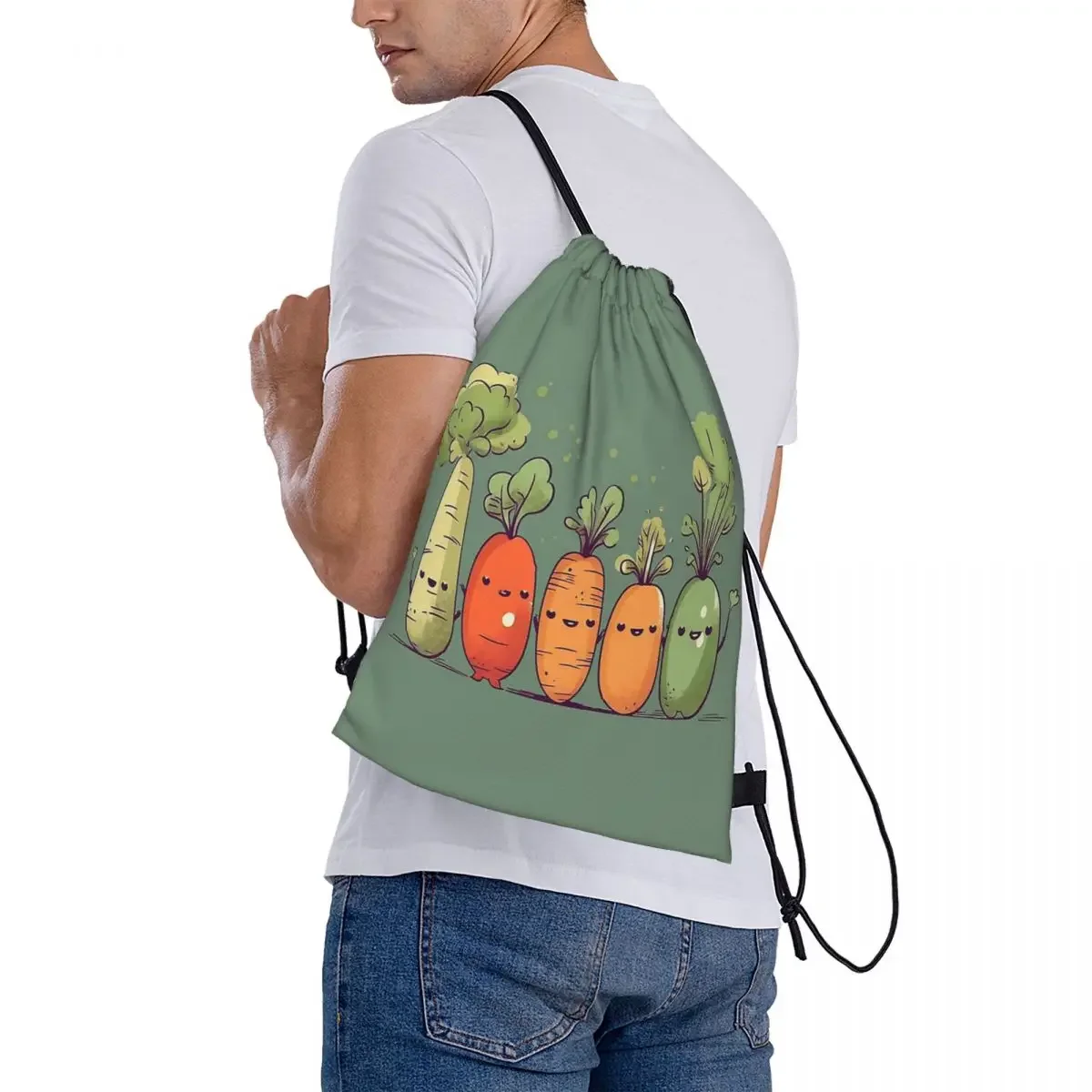 Happy Veggies Backpacks Casual Portable Drawstring Bags Drawstring Bundle Pocket Storage Bag BookBag For Travel Students