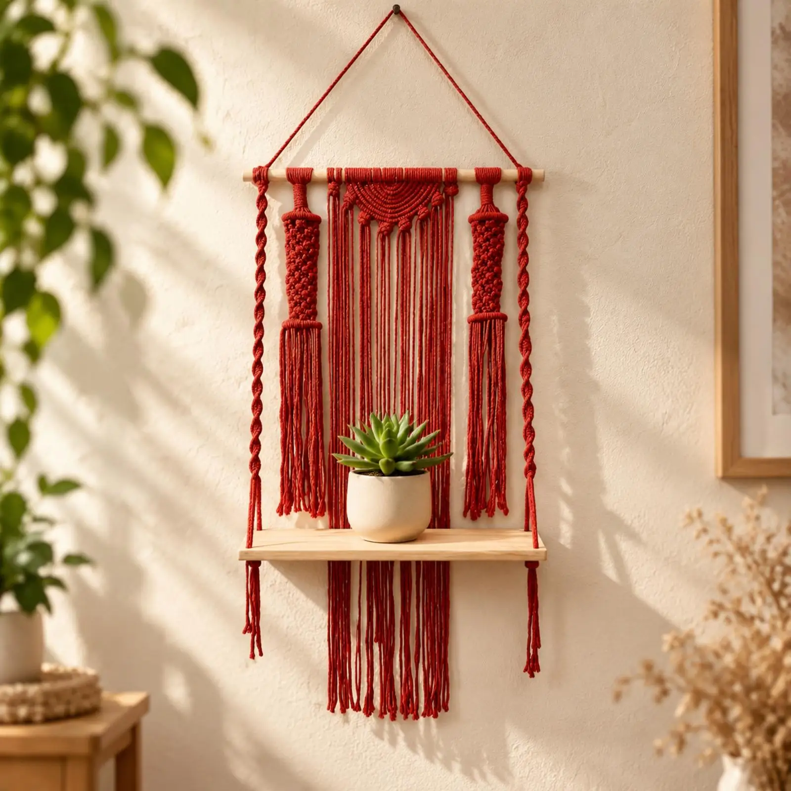 Wall Hanging with Wooden Rod Textured Macramé Wall Hanging Handmade Macrame Tapestry with Wooden Dowel for Living Room, Reading