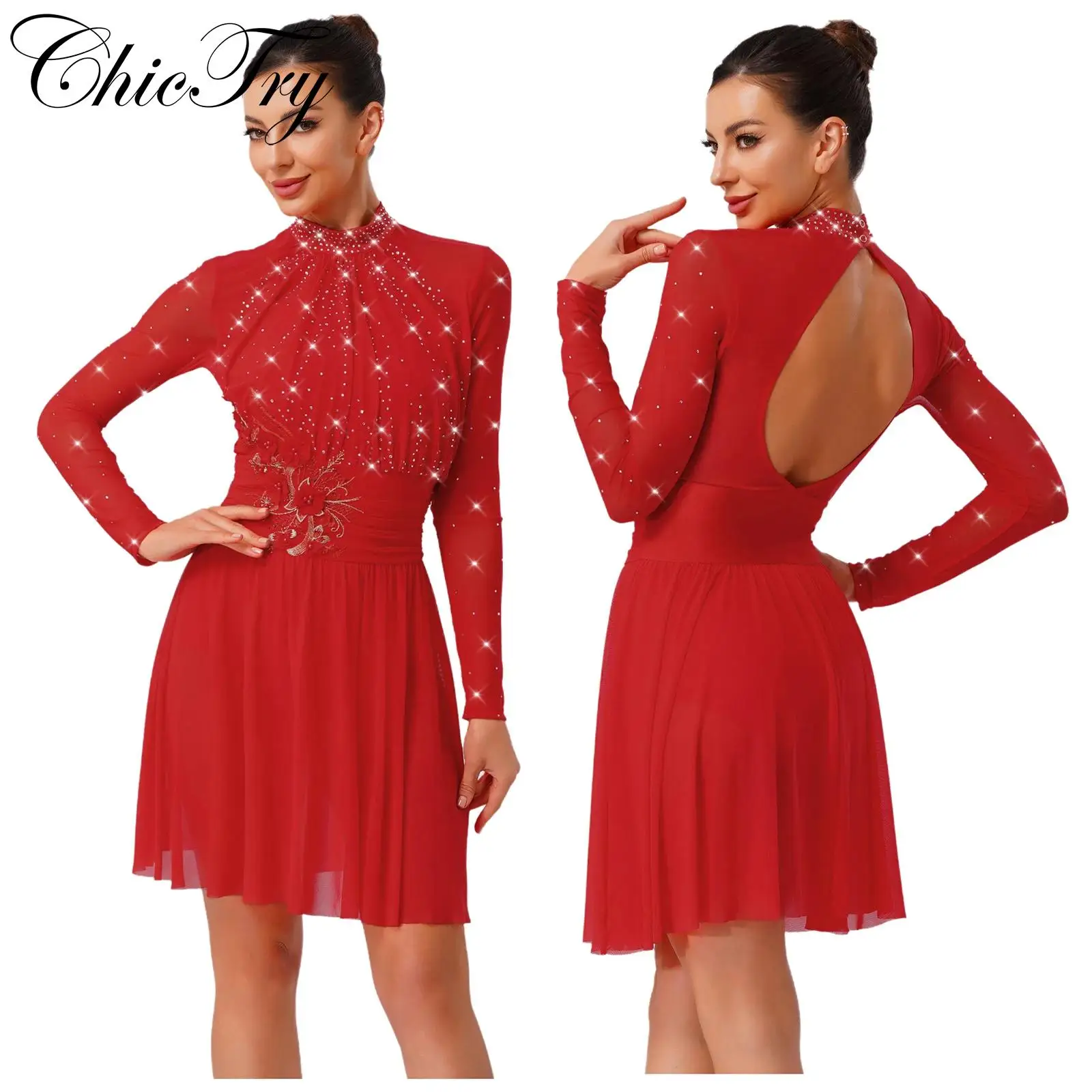 

Womens Ballet Lyrical Dance Dress Figure Skating Dancewear Embroidery Applique Rhinestones Long Sleeve Gymnastics Leotard Dress