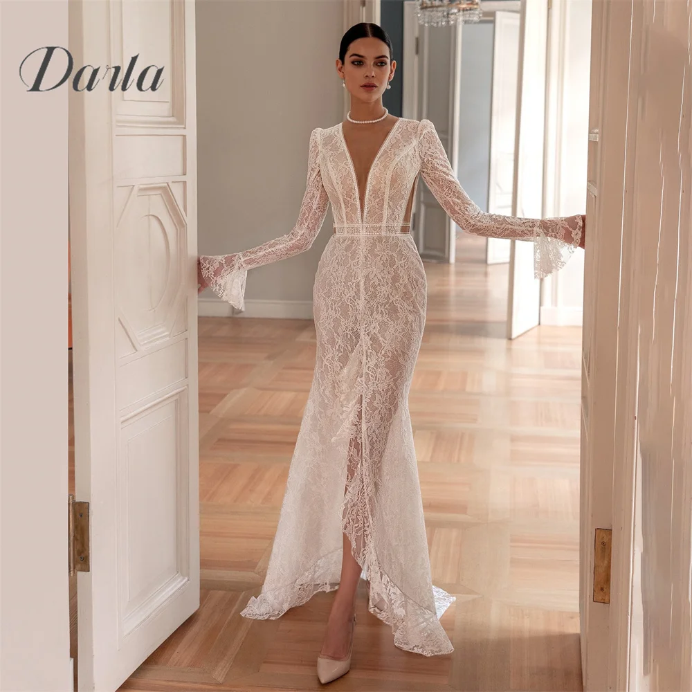 

Darla Customized Deep V-Neck Full Sleeve High Side Split Court Train Elegant Mermaid Wedding Dress Lace Embroidery Design Newest