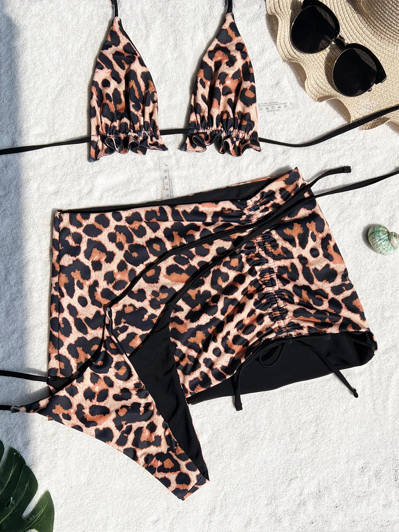 Conjunto de Bikini de 3 piezas para mujer, traje de baño con estampado de leopardo, Tops deportivos de realce, trajes de baño para mujer