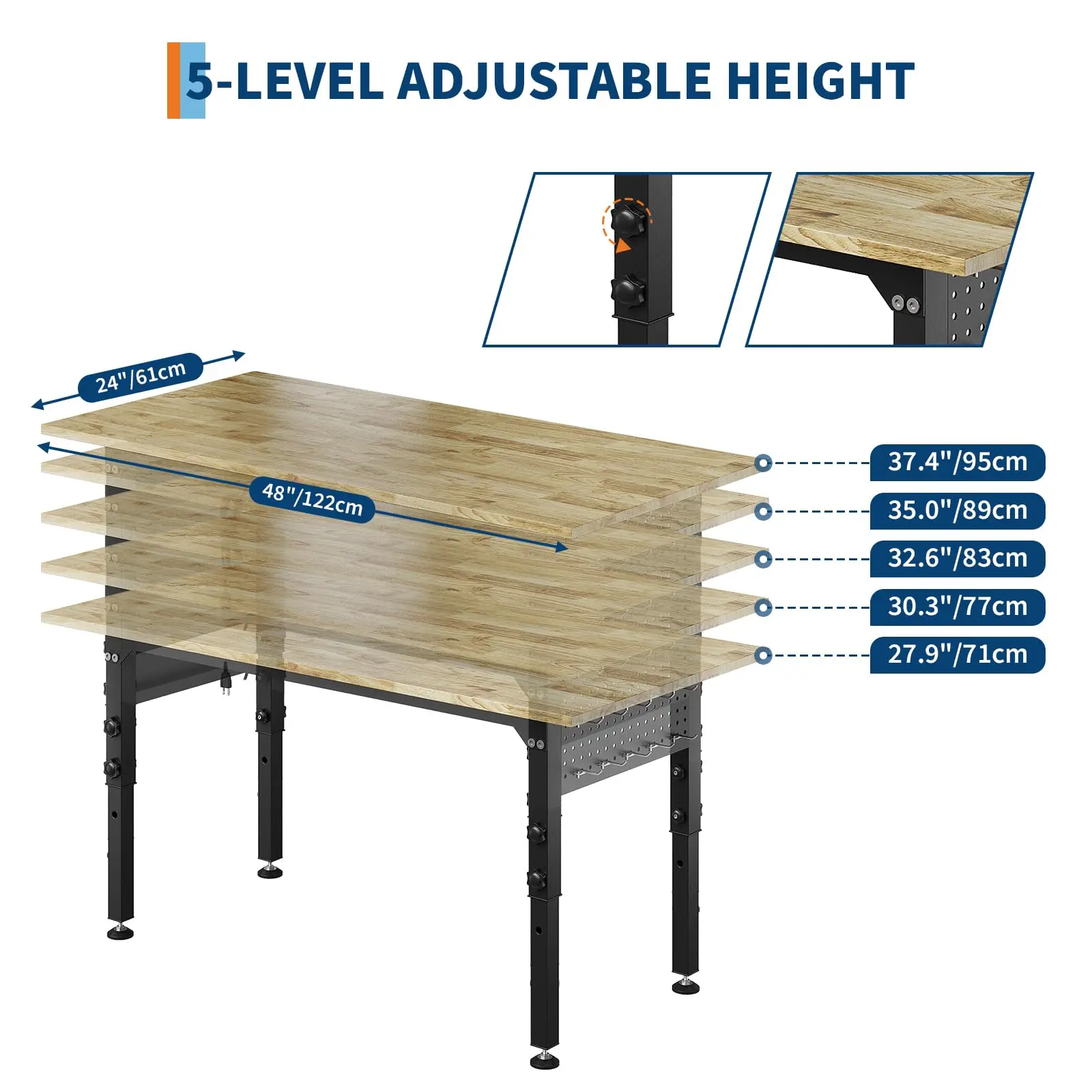 48/60" Adjustable Work Bench for Garage Workstation with Hooks/Power Outlets/Wheels,2000 Lbs Rubber Worktable for Workshop Garag