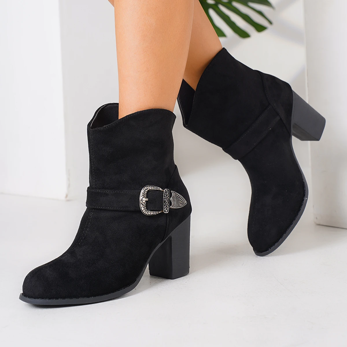 Woman Boots Spring Autumn Round Toe Mid Heel Boots Black Thick Heel Big Size Short Boots Women Fashion Sexy High Heels Shoes