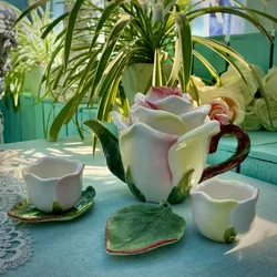 Champagne Rose Tea Kettle Ceramic Relief Coffee Pot Underglaze Painted Cup And Plate Exquisitely Versatile Wedding Gifts