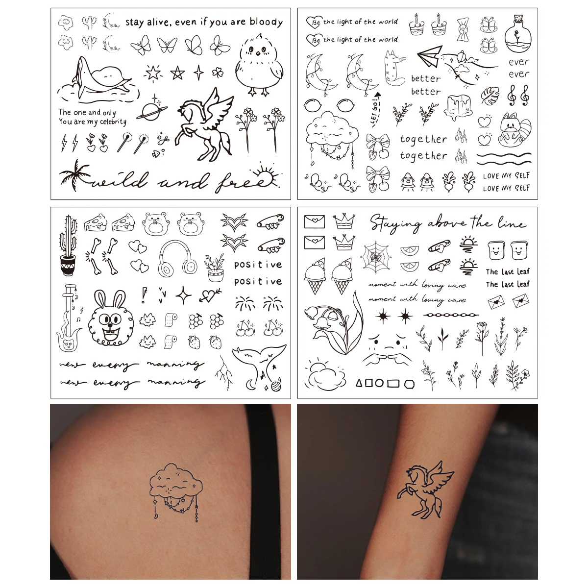 4pcs New Moon Cute Rabbit Plant Waterproof Temporary Tattoo Stickers for Women Girls Finger Body Stickers Party Accessories