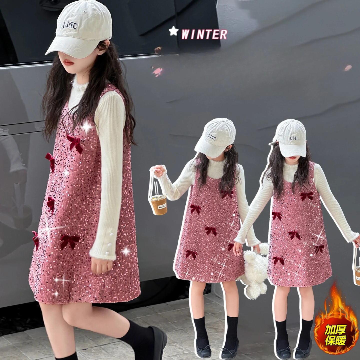 

winter chic teen girls dress set thick cotton padded Pink glitter vest dress+sweater 2pcs junior kids clothes suit child outfits