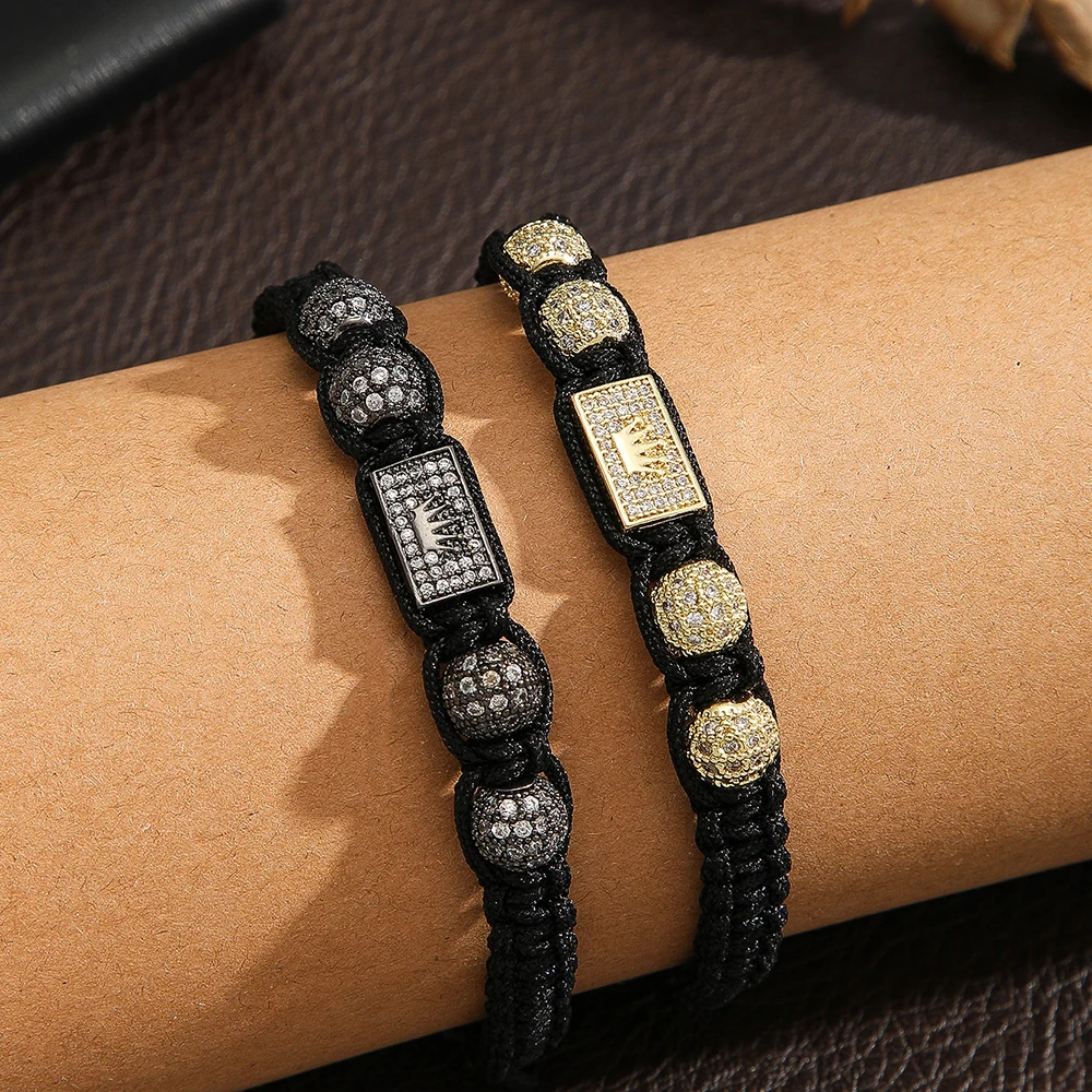 

Fashion CZ Copper Crown Drill ball Rope Chain Bracelet for Men Trendy Shiny Handmade Adjustable Charm Couple Bracelet Jewelry