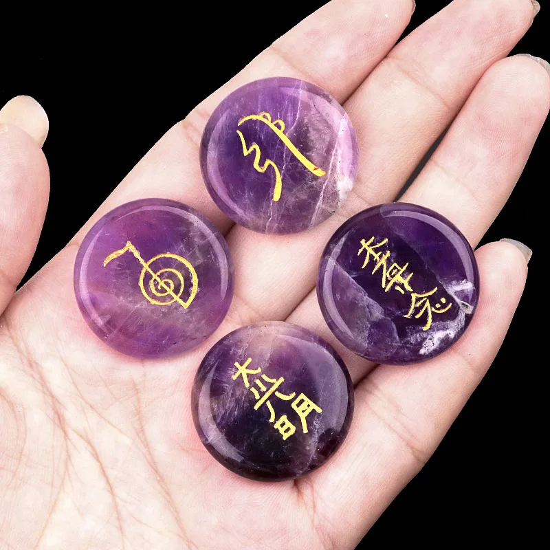 

4pcs/set Reiki Natural Stone Healing Crystal Words Carved Energy Spiritual Balancing Round Real Quartz Gemstones Yoga Meditation