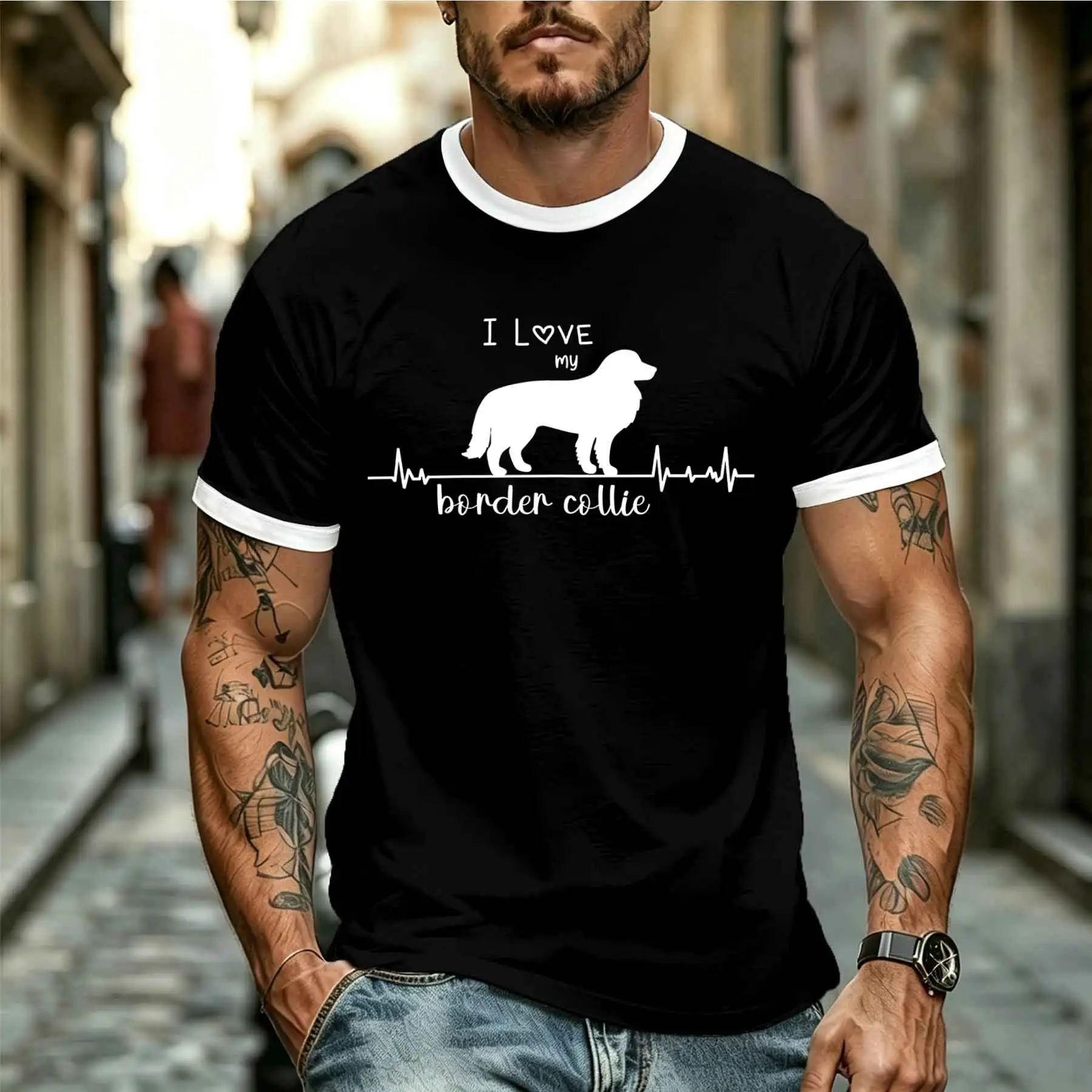 2026 new model Tee Stylish Comfortable Men's I Love My Border Collie Heartbeat Graphic T-Shirt Dog Lover Casual Crewneck Tee Tee