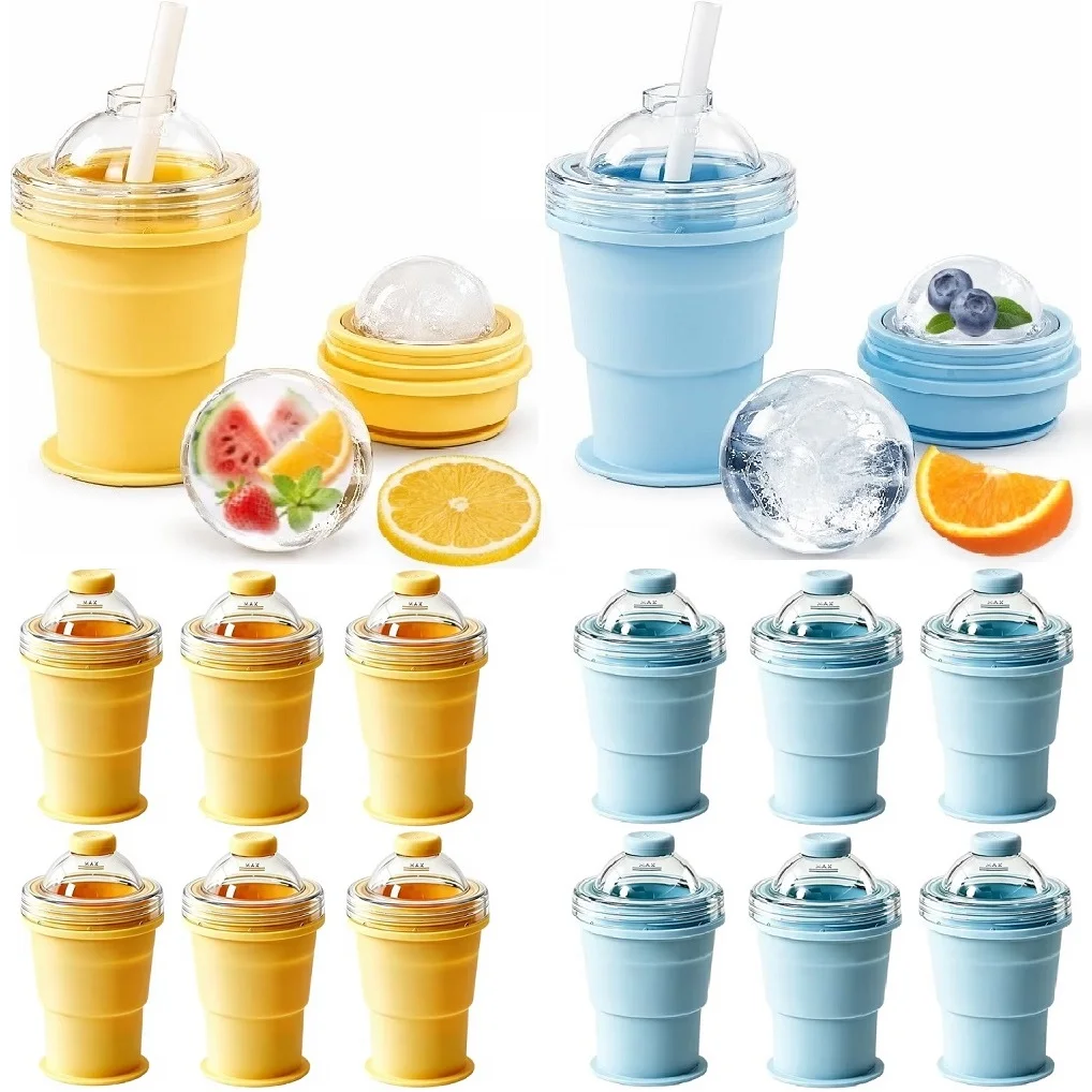 2-in-1 Foldable Silicone Ice Ball Maker Cup Reusable Portable Collapsible Ice Sphere Mold with Straw Lid for Coffee Juice Drinks