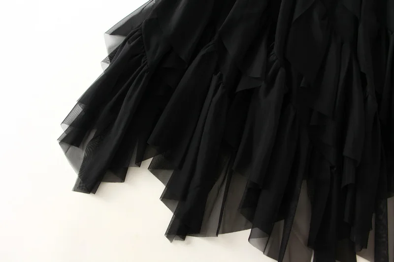 Women's Lotus Leaf Edge A Line Fairy Elastic Waist Tulle Skirt Midi High Waist Mesh Dress Solid Color Irregular Yarn Skirt D8808