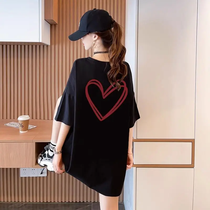 Korean Simplicity Versatile Summer Pure Cotton O-Neck Women\'s Printing Fashion Casual Loose Short Sleeve Mid-length T-Shirts Top