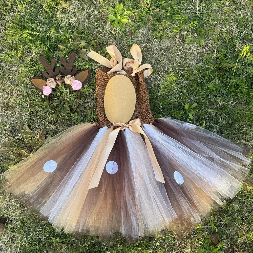 Deer Tutu Dress Girl Christmas Dresses with Headband Kids Halloween Costume Baby Girl Princess Elk Reindeer Outfit for New Year