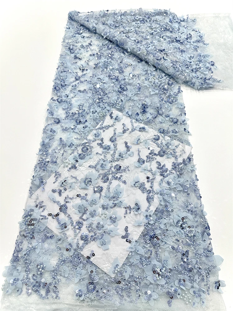 2025 Latest Gorgeous African Handmade Beads Laces Fabrics Luxury Nigerian Sequins Mesh Lace Fabric For Party Dress