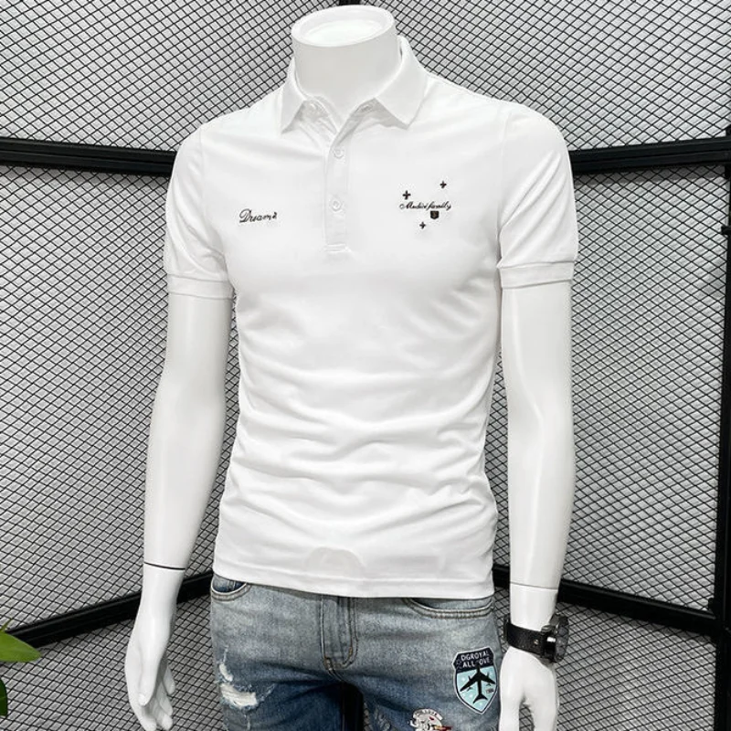 Polo con cuello para hombre, camiseta ajustada bordada en negro, ropa blanca ajustada, ropa de calle para hombre, novedad en estampado S