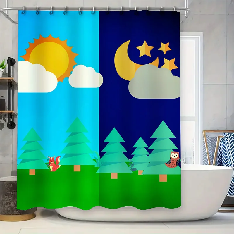 

Modern Style Sun Moon Shower Curtain Print Bathroom Decor Waterproof Fabric for Children's Bathrooms Blue Color with Tree Forest