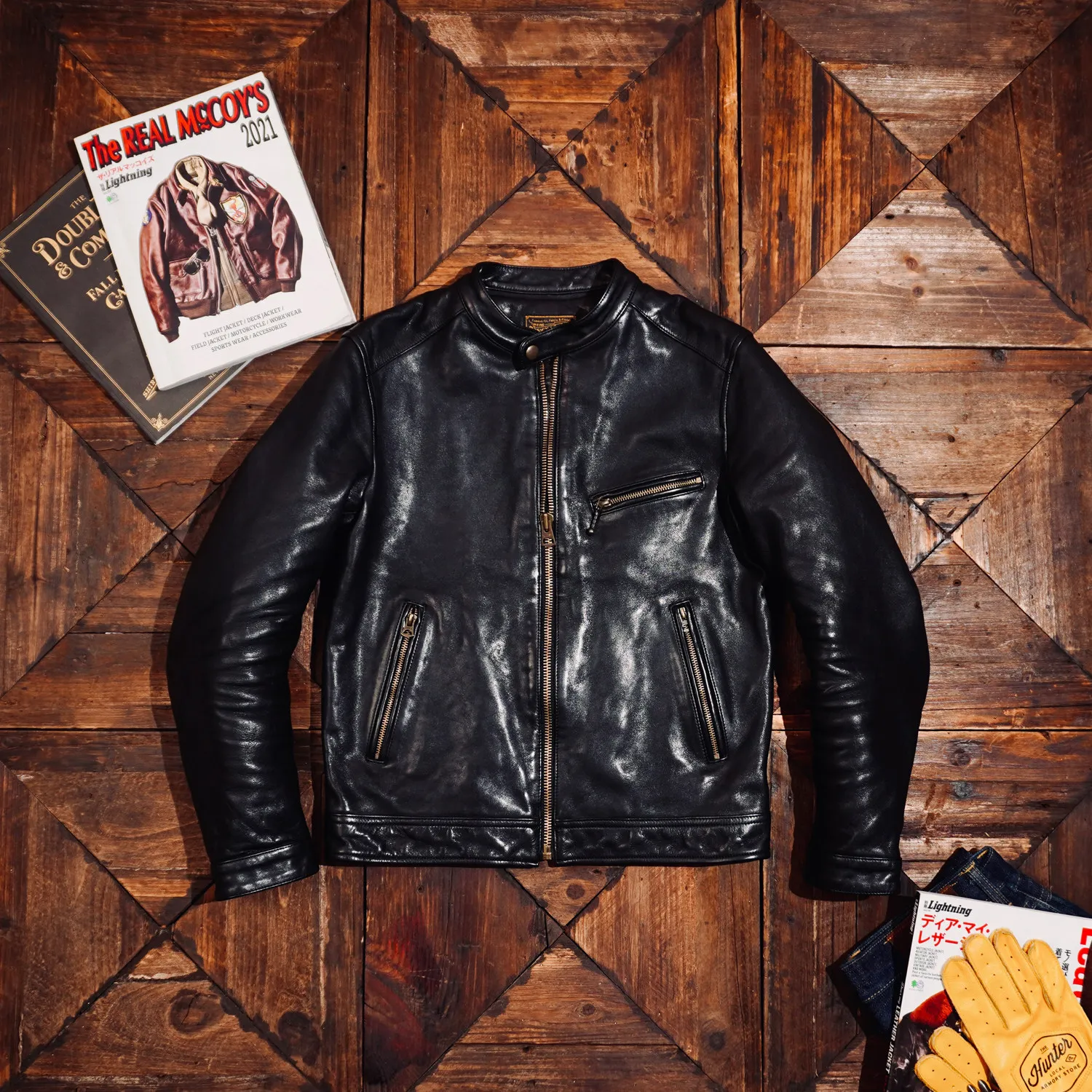 Tailor Brando Full Grain Vegetable Tanned Cowhide Men's Retro Short Stand Up Collar Genuine Leather Biker Jacket