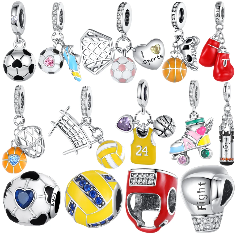 

2025 New 925 Sterling Silver Charm Football Basketball Boxing Gloves Bead Fit Snake Chain Bracelet Necklace Women DIY Jewelry