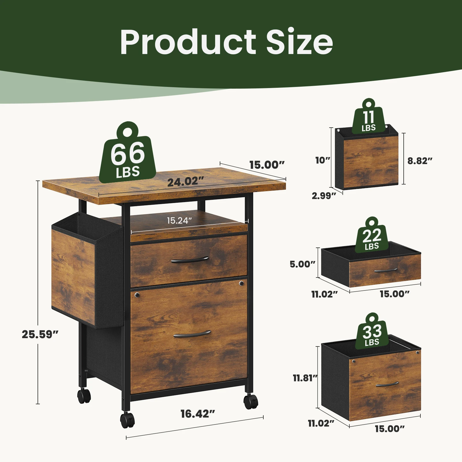 #￥JHK Mobile File Cabinet with 2Fabric Drawers Printer Stand with Open Shelf & Side Storage Bag Under