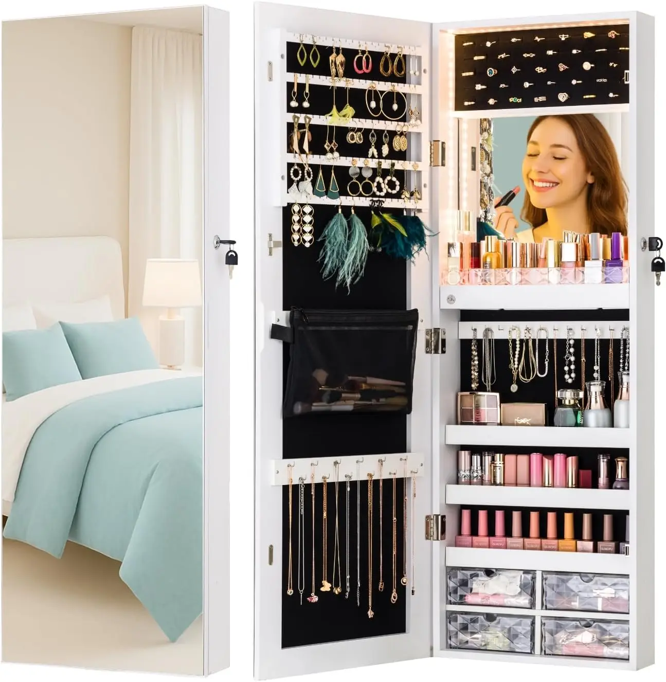 

LED Lights Mirror Jewelry Cabinet Wall Mounted or Door-Hanging, 42" Full Length Mirror with Storage, Built-in Makeup Mirror, Loc