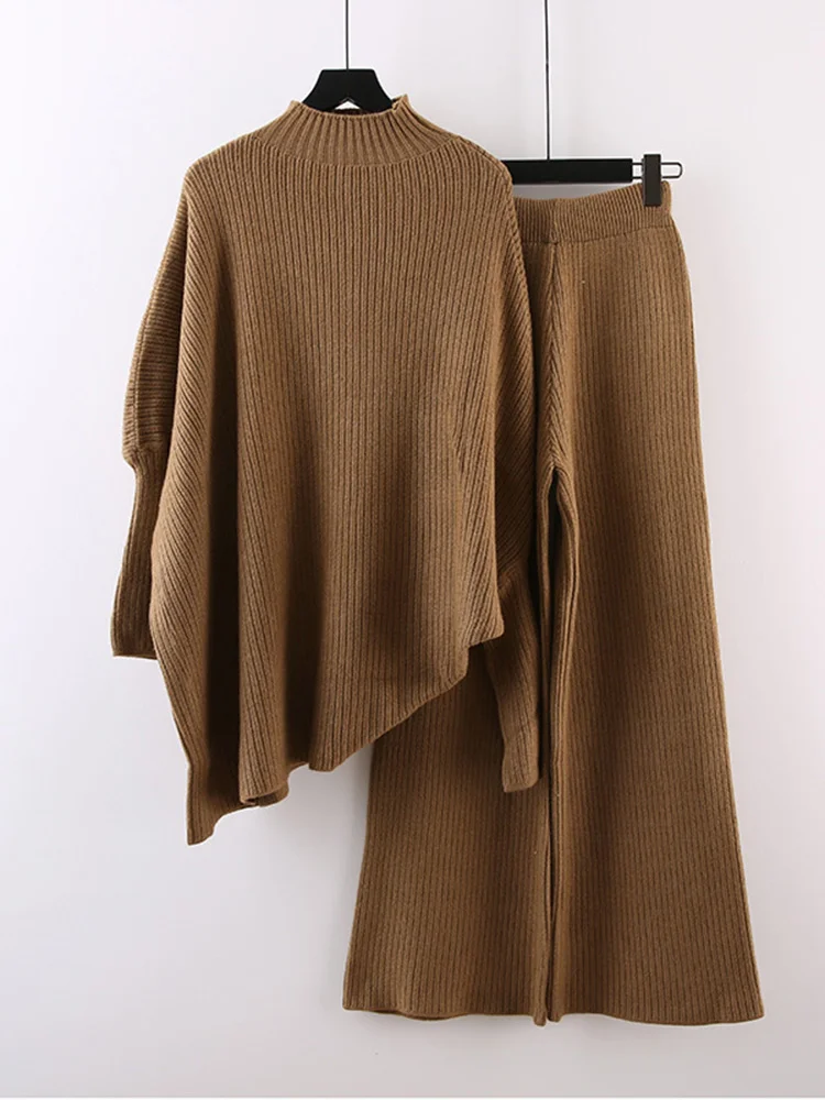 DEAT Knitted Set 2 Pieces Women Autumn Spring Fashion Irregular Loose Long Sleeve Sweater Wide Leg Trousers Female Cloth 15G0165