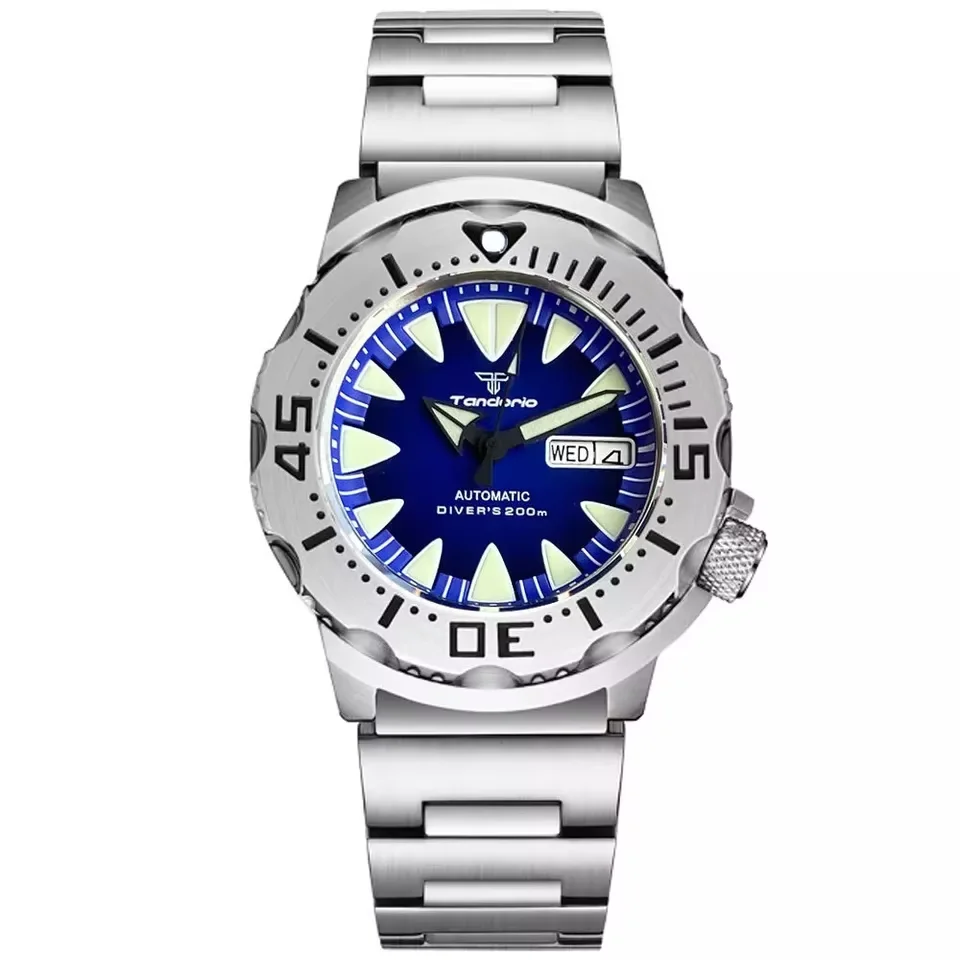 

Tandorio Blue Monster Style Серебряные стрелки Сапфировое стекло 200 м Водонепроницаемые автоматические часы с датой недели NH36A Механизм Мужские часы