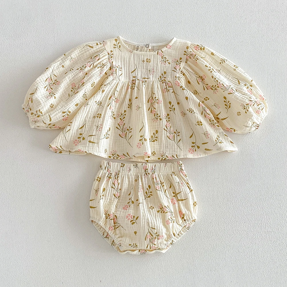Baby Mädchen Baumwoll-Blumen-Kleidungssets Säugling Langarm-Blumenbluse+PP-Shorts 2-teilige Outfits für Kleinkinder Herbstanzüge – Detail 9