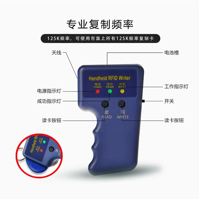 125KHz RFID ID 카드 작성기, 복사기, 복제기, 프로그래머(반복 핸드헬드) + 2개 재기록 가능 T5577 키프로브 태그