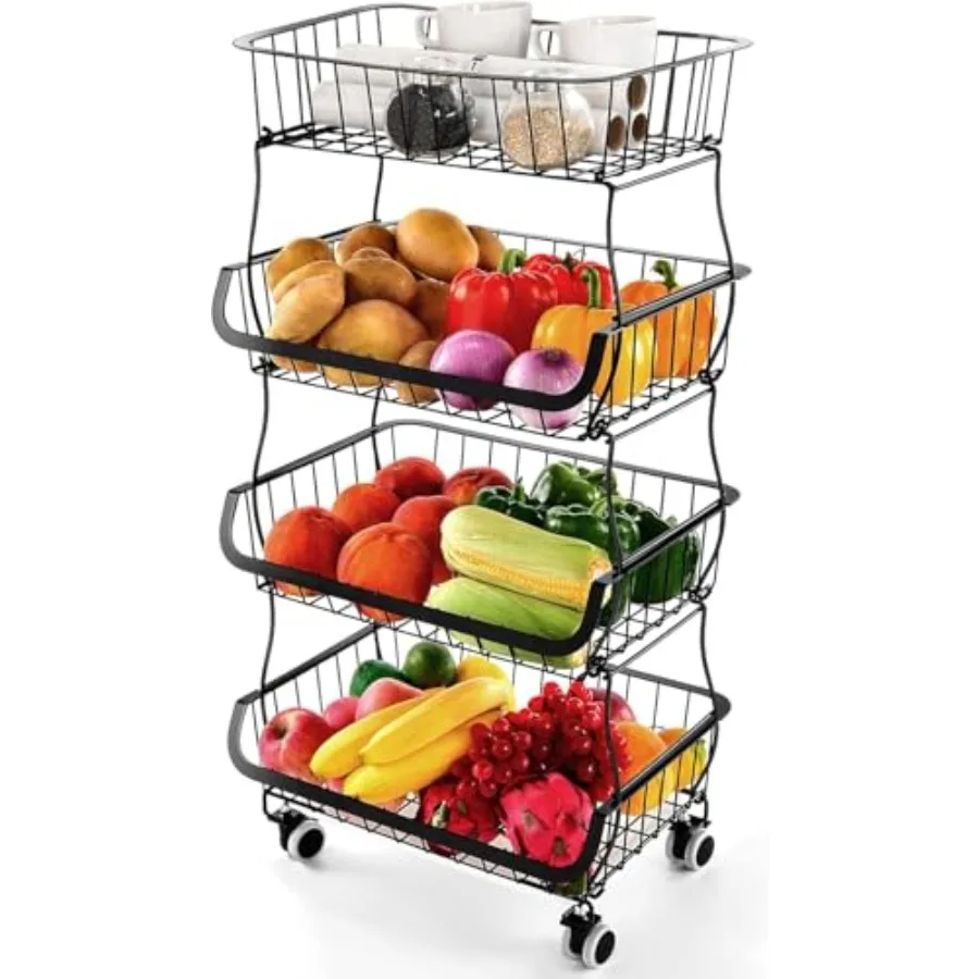 

Fruit Vegetable Storage Basket, 4 Tier Stackable Metal Wire Storage Baskets with Wheels, Fruit Vegetable Produce Basket Organiz