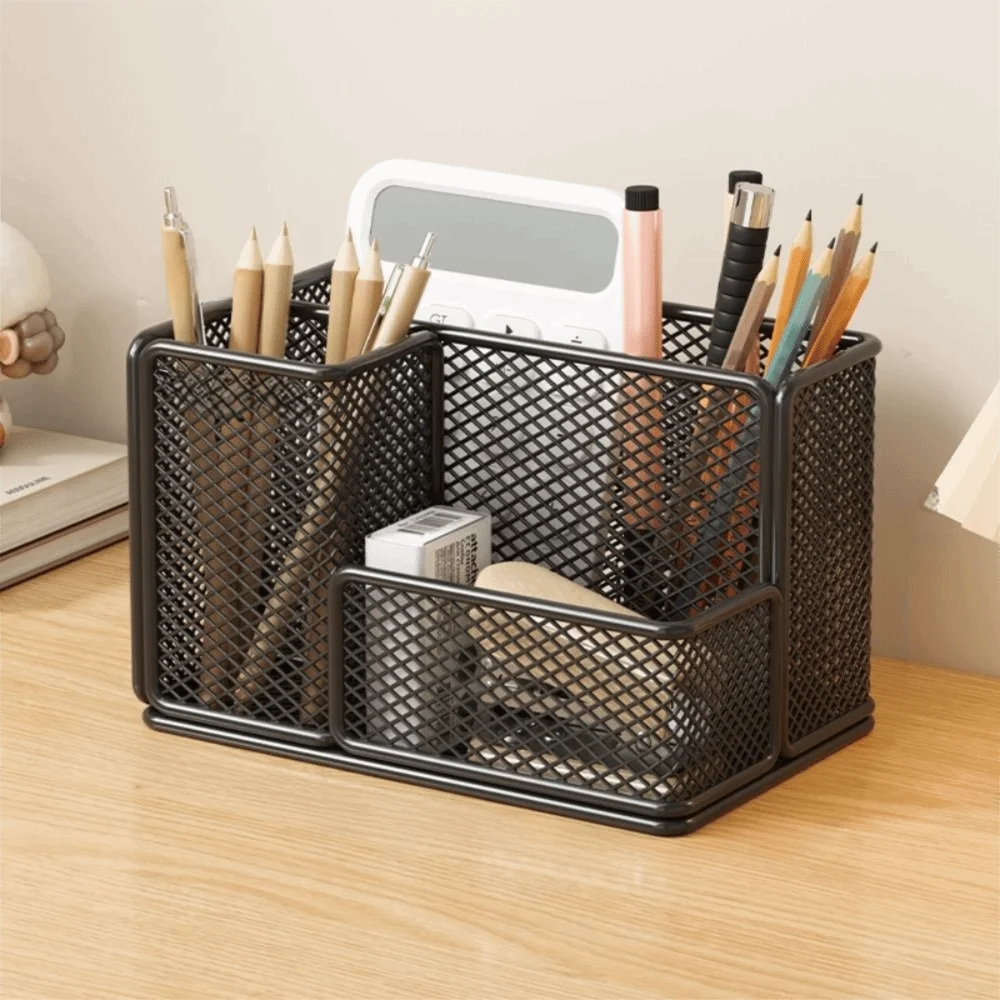 Metal Mesh Mesh Desk Organizer Carbon Steel 3 Compartments Desktop Pen Holder Space-Saving Easy Access Stationery Storage Rack