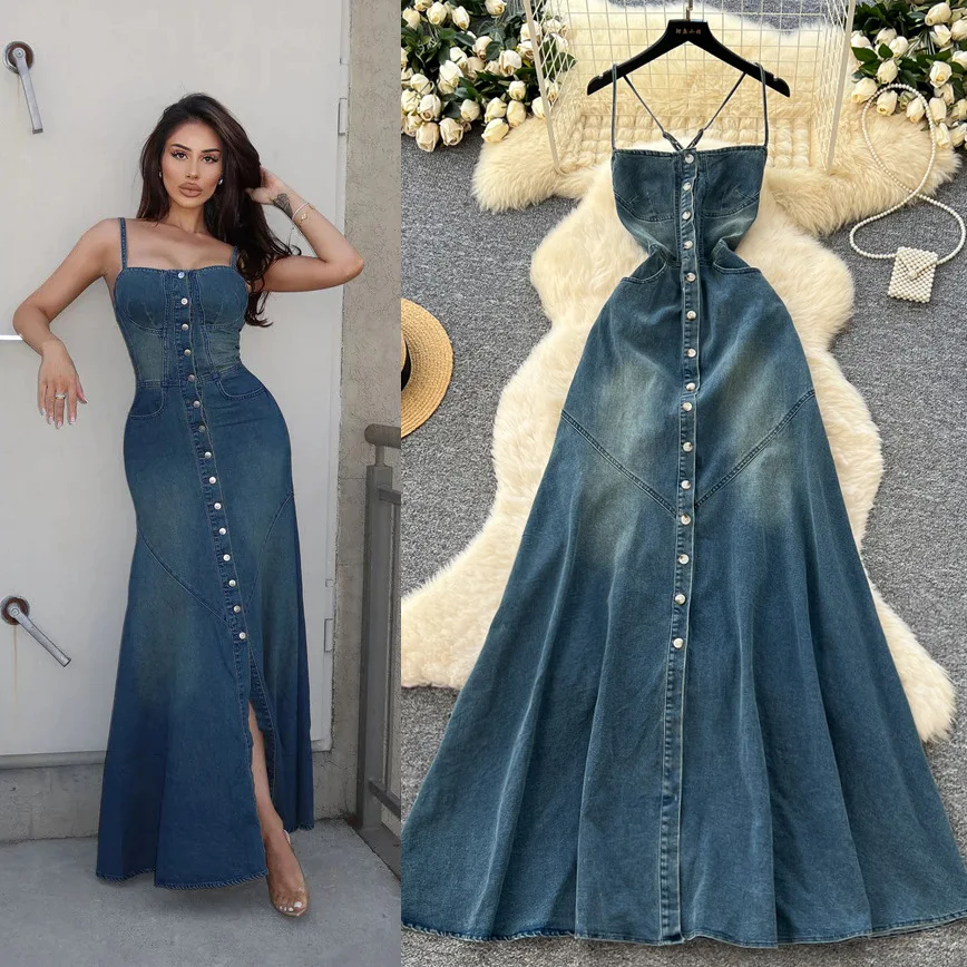Long Dress Women Denim Dresses Sling Strapless A Line Vestidos Y2k Streetwear Sleeveless Sexy Elegant Party Night Work 2026 - view 2