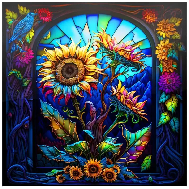 Sunature AB Diamond Painting Art Full AB Square Round Drills Sunflowers Stained Glass Diamond Painting Kits (5-10 AB Colors)