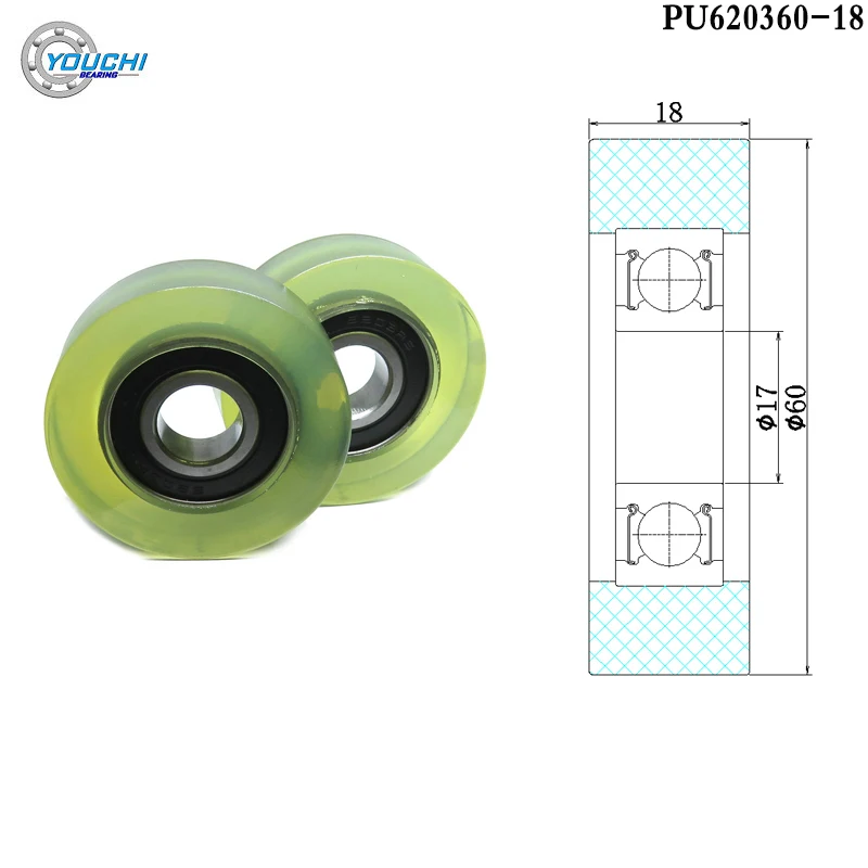 2Pcs 17x60x18 Polyurethane Bearing Encapsulated PU Roller PU620360-18 Diameter 60mm Soft Rubber Wheel Rolling Pulley 17*60*18