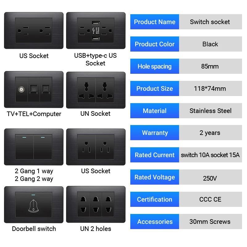 

PSSRISE All Black, панель из нержавеющей стали, бразильский стандарт, USB 2.1A Type-C, быстрая зарядка, настенная розетка, выключатель света, для компьютера и ТВ, 20 Вт
