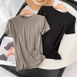 Tangada 2024 Summer Women Soft Khaki Cotton T Shirt Short Sleeve Casual Tee Shirt Street Wear Top 6D050