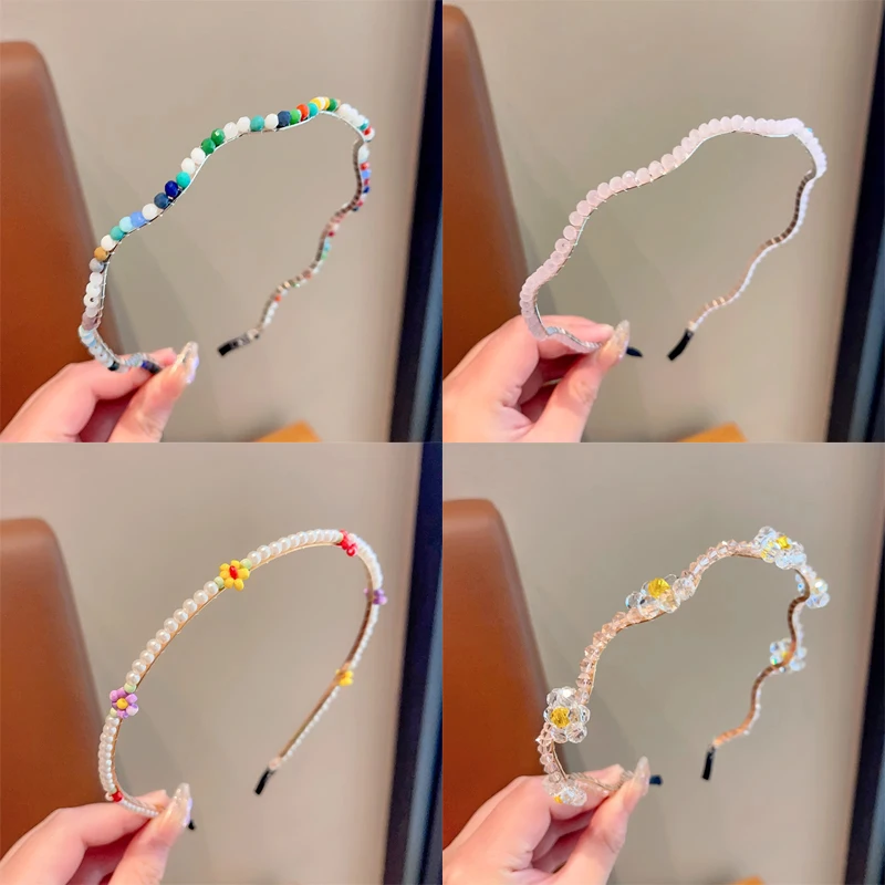 2023 New Baby Girls Princess Colors Pearl Floral Hairbands Cute Sweet Hair Hoop Headbands Children Women Shiny Hair Accessories