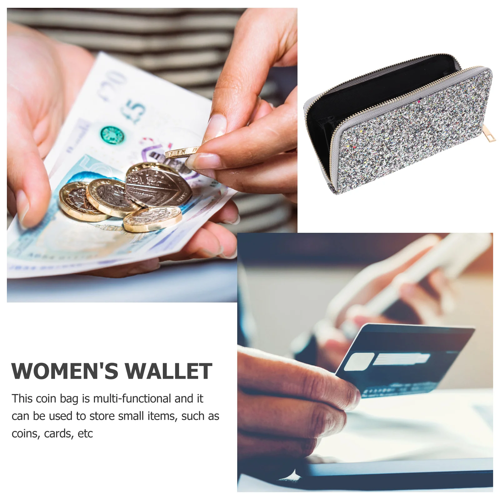 

Women Wallet Silver Star Sequins Slim Zipper Coin Purse Built-in Key Chain Lightweight Minimalist Evening Party Bag Stylish