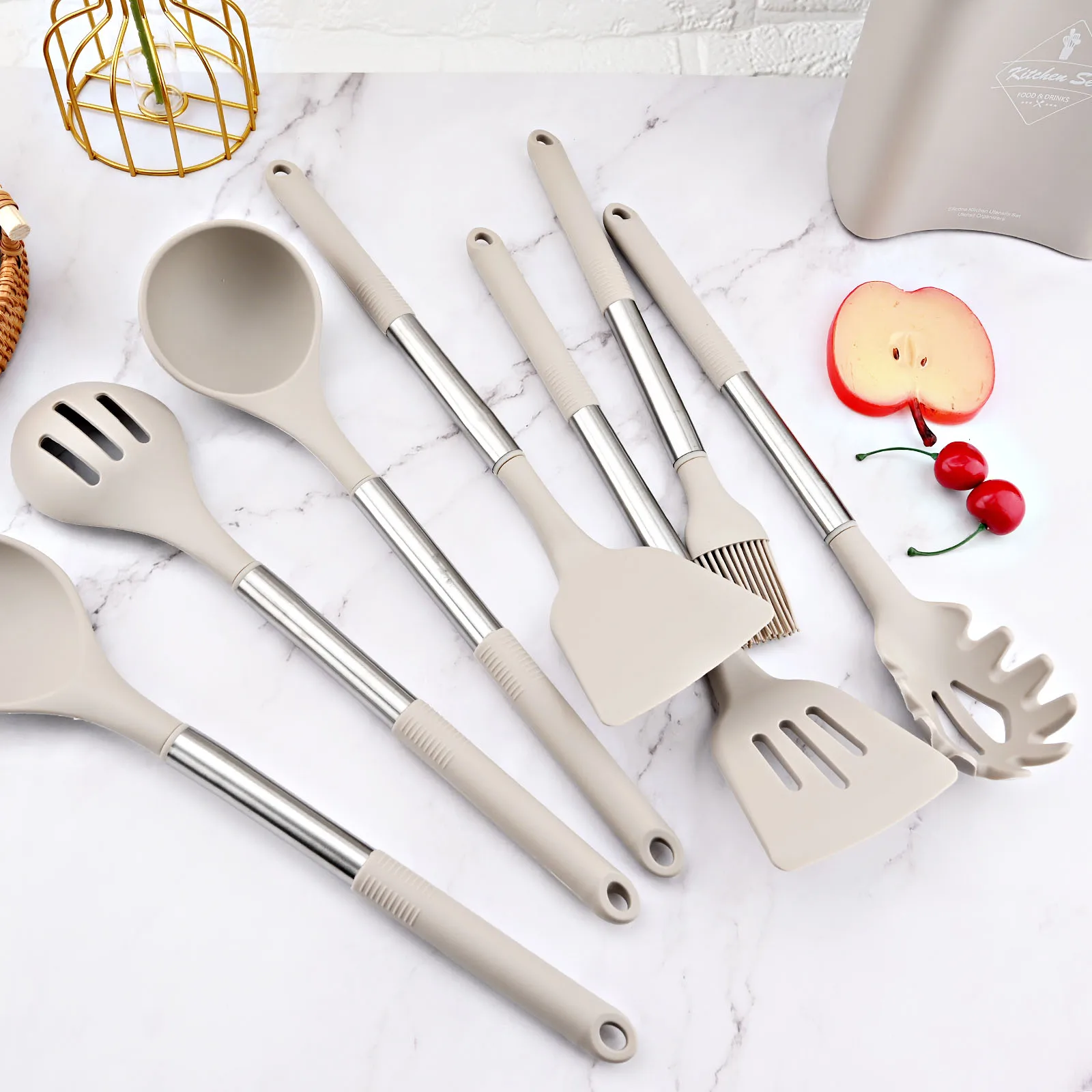 Silicone Kitchenware Non-stick Cooking Utensils Set Cookware Spatula Egg Beaters Shovel Stainless Steel Handle Kitchen Tool Set