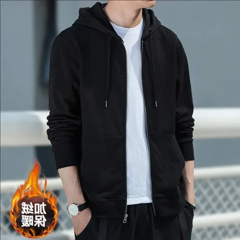 Trendy Brand Men's Hooded Sweatshirt Thickened Warm Fleece-Lined Long Sleeve Casual Clothes Versatile Stylish Jacket