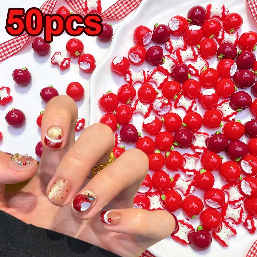 50 pièces de breloques pour nail art en résine 3D, motifs fruits mignons variés (cerise, pomme), y compris pomme à la noyade et pomme mordue, pour la décoration des ongles de Noël