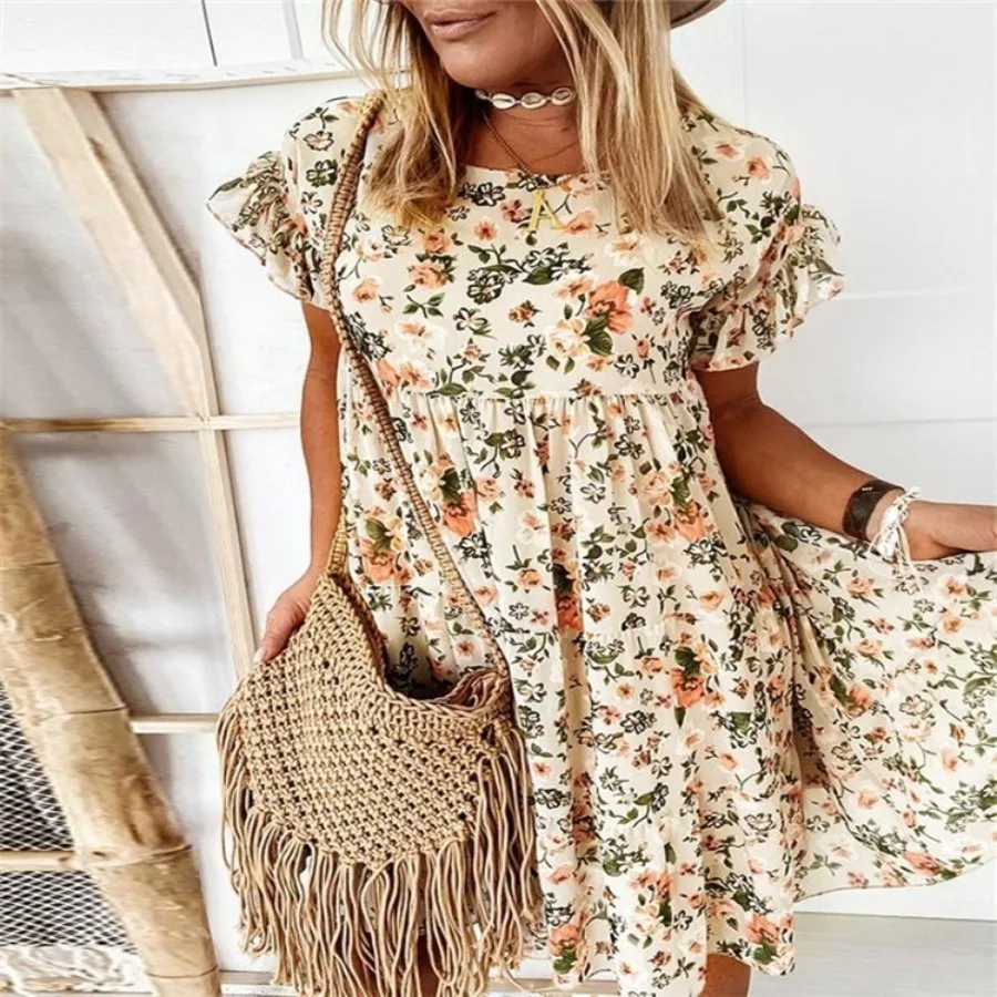 

【New style】2026 European and American ebay wish spring and summer hot sale round collar flower print short-sleeved loose dress