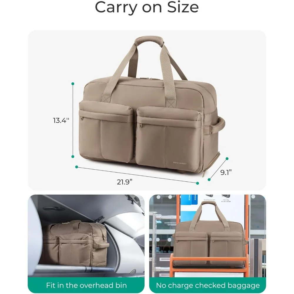 حقيبة دفل دوارة سعة 42 لترًا مع عجلات، حقيبة حمل للسفر، حقيبة من القماش الخشن بجيب مبلل، حقيبة سفر مدمجة ومتينة