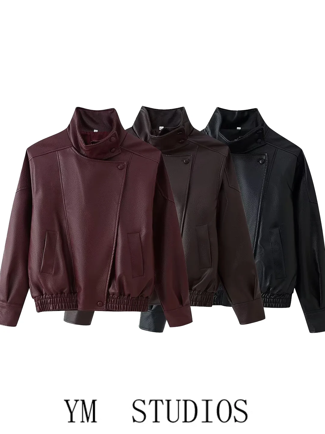 Red Leather Biker Jacket Short Zipper Stand Collar Women's Fashion Retro Style PU Coat No Brand Long Sleeve Spring Season