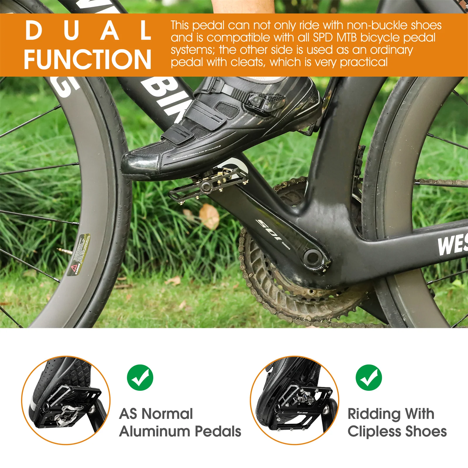 2 in 1 Bicycle Pedals Dual Sided Flat and Lock 3 Bearings Lightweight Aluminum Alloy for MTB Road Bike Cycling